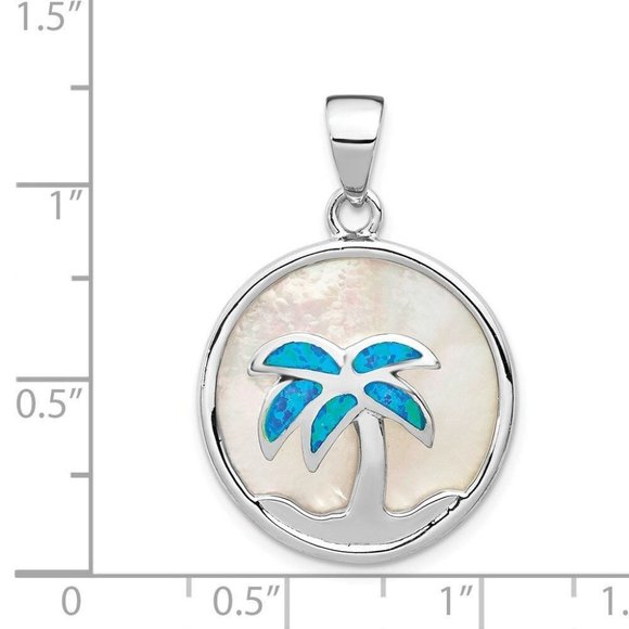 Sterling Silver Mop & Created Opal Inlay Palm Tree Pendant Rhodium-Plated - Picture 3 of 3